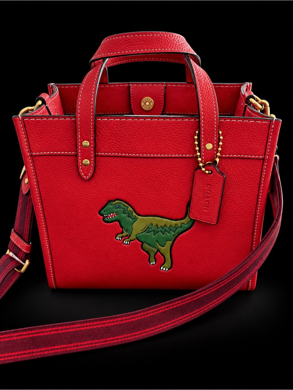 COACH Rexy Dinosaur Red Leather Crossbody Tote Bag with Adjustable Guitar Strap